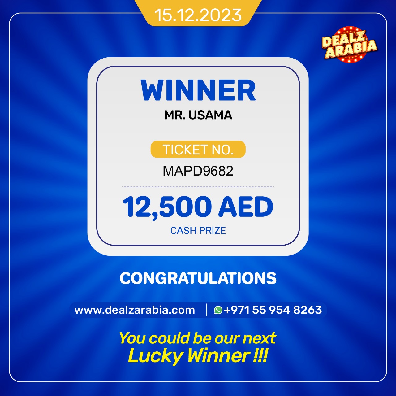 TODAY'S LIVE DRAW, CASH PRIZE OF 12,500 AED